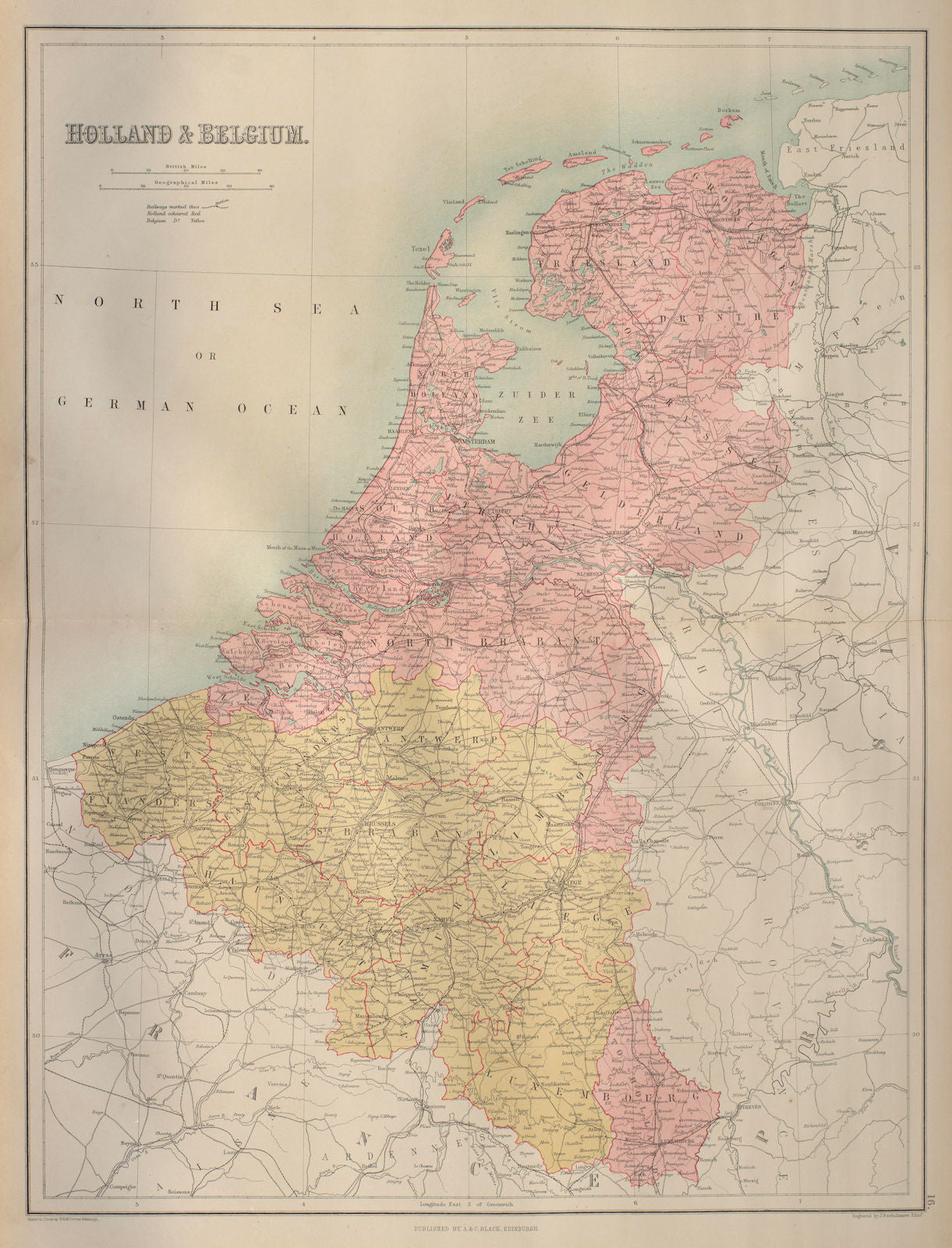 Holland, Belgium & Luxembourg. Benelux. BARTHOLOMEW 1870 old antique map chart
